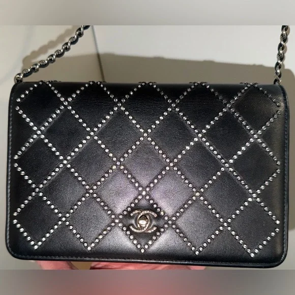 Chanel black Swarovski crystal woc wallet on a chain mini flap classic cc RARE - Picture 8 of 15